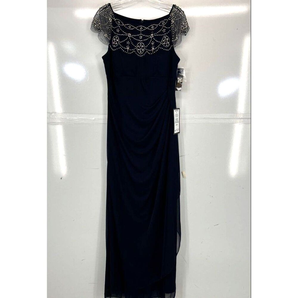 Xscape Beaded Illusion Neck Ruched Gown Dress NWT 12